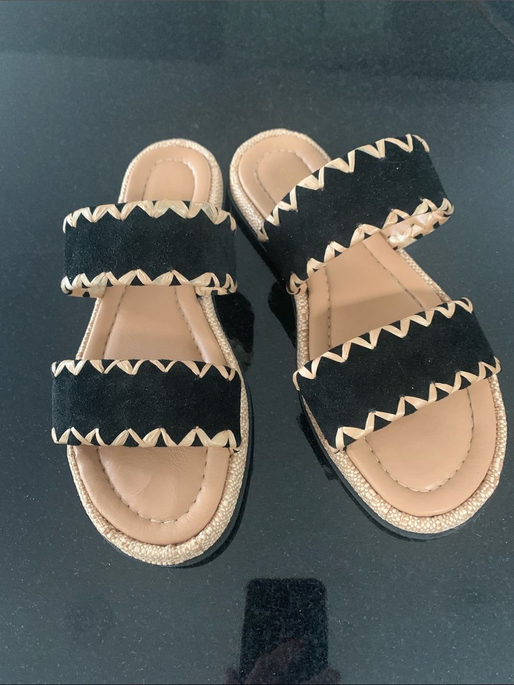 Mila Paoli Black Suede Double-Strap Sandals with Tan Trim